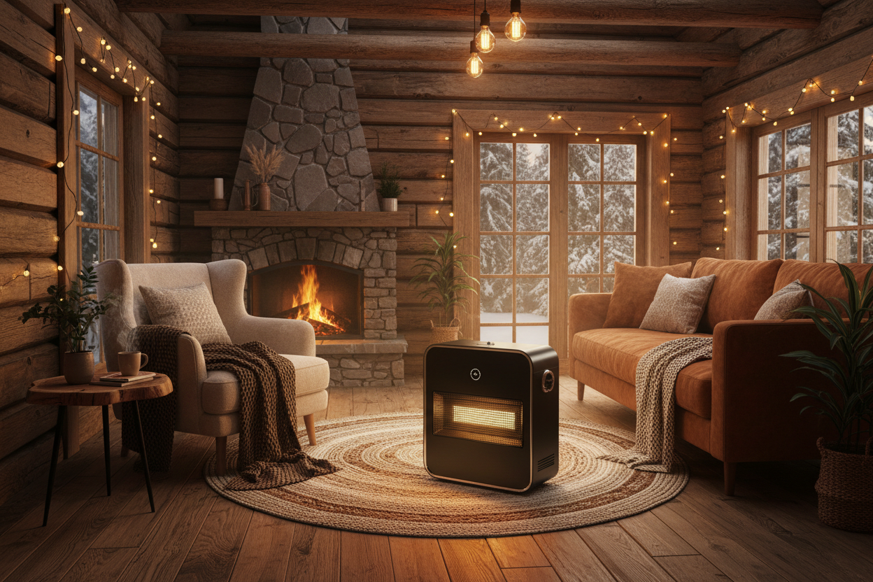 warm cabin with a modern heater portable